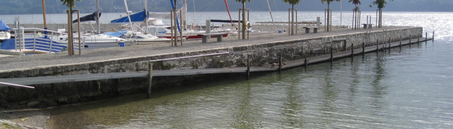 Freiraum gestalten Pier am See mit Bank und Bäumen